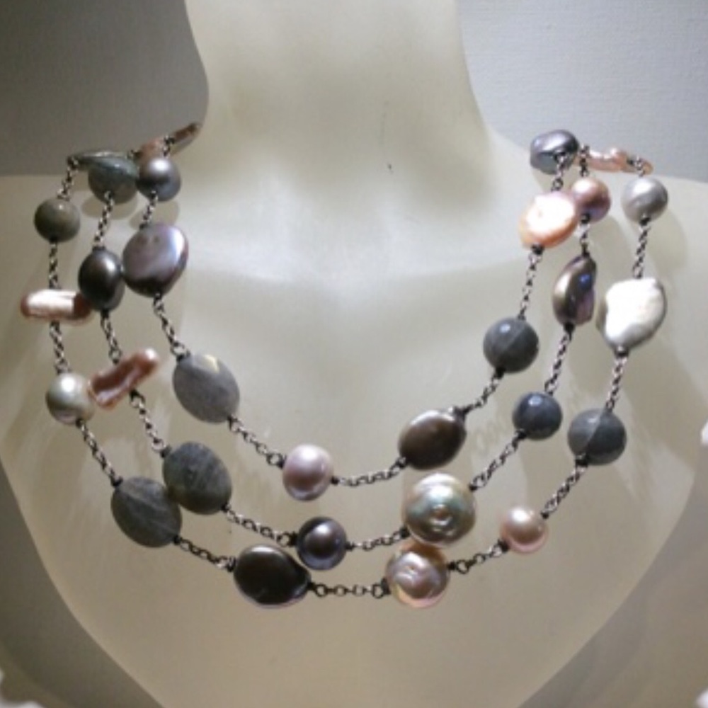 60” sterling pink gray pearl labradorite necklace